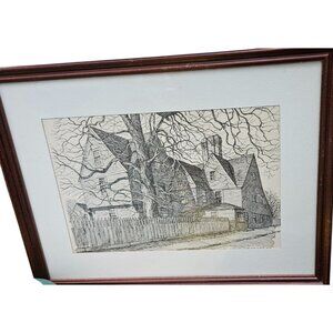 Vintage Ink Etching Clark M. Goff. House of the Seven Gables Framed 17" X 13"